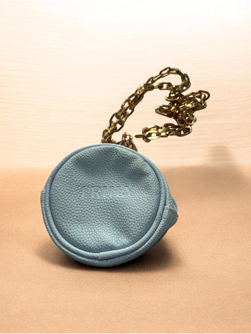 TRULY Powder Blue Round Leather Crossbody Pouch with Gold Chain